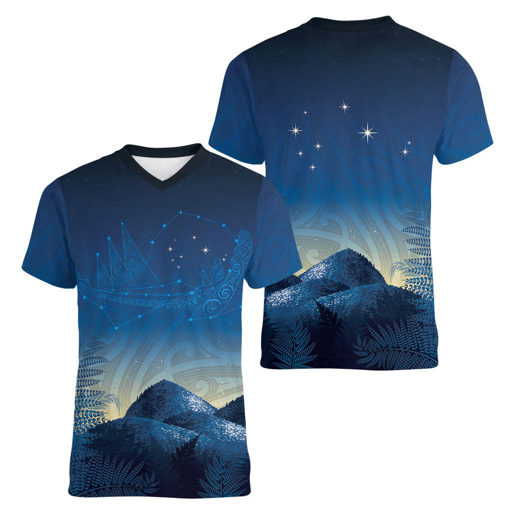 New Zealand Matariki Women V-Neck T-Shirt Maori Waka With Silver Fern