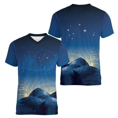New Zealand Matariki Women V-Neck T-Shirt Maori Waka With Silver Fern