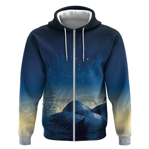 New Zealand Matariki Zip Hoodie Maori Waka With Silver Fern