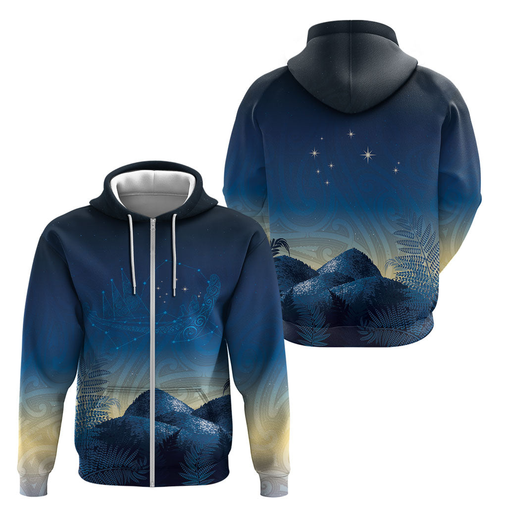 New Zealand Matariki Zip Hoodie Maori Waka With Silver Fern