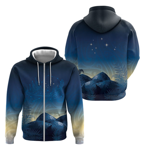 New Zealand Matariki Zip Hoodie Maori Waka With Silver Fern