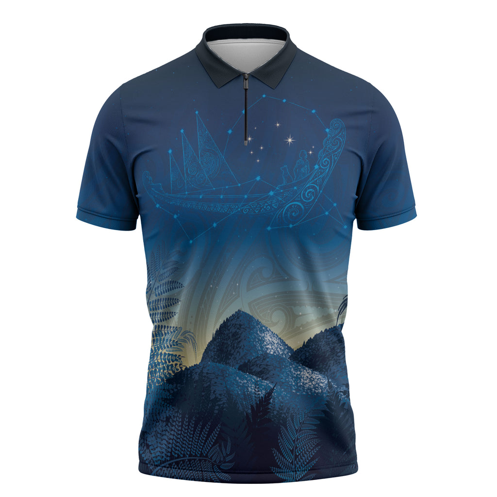 New Zealand Matariki Zipper Polo Shirt Maori Waka With Silver Fern