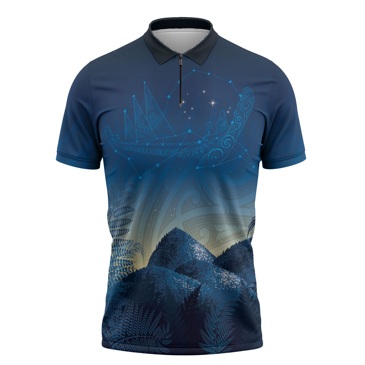 New Zealand Matariki Zipper Polo Shirt Maori Waka With Silver Fern
