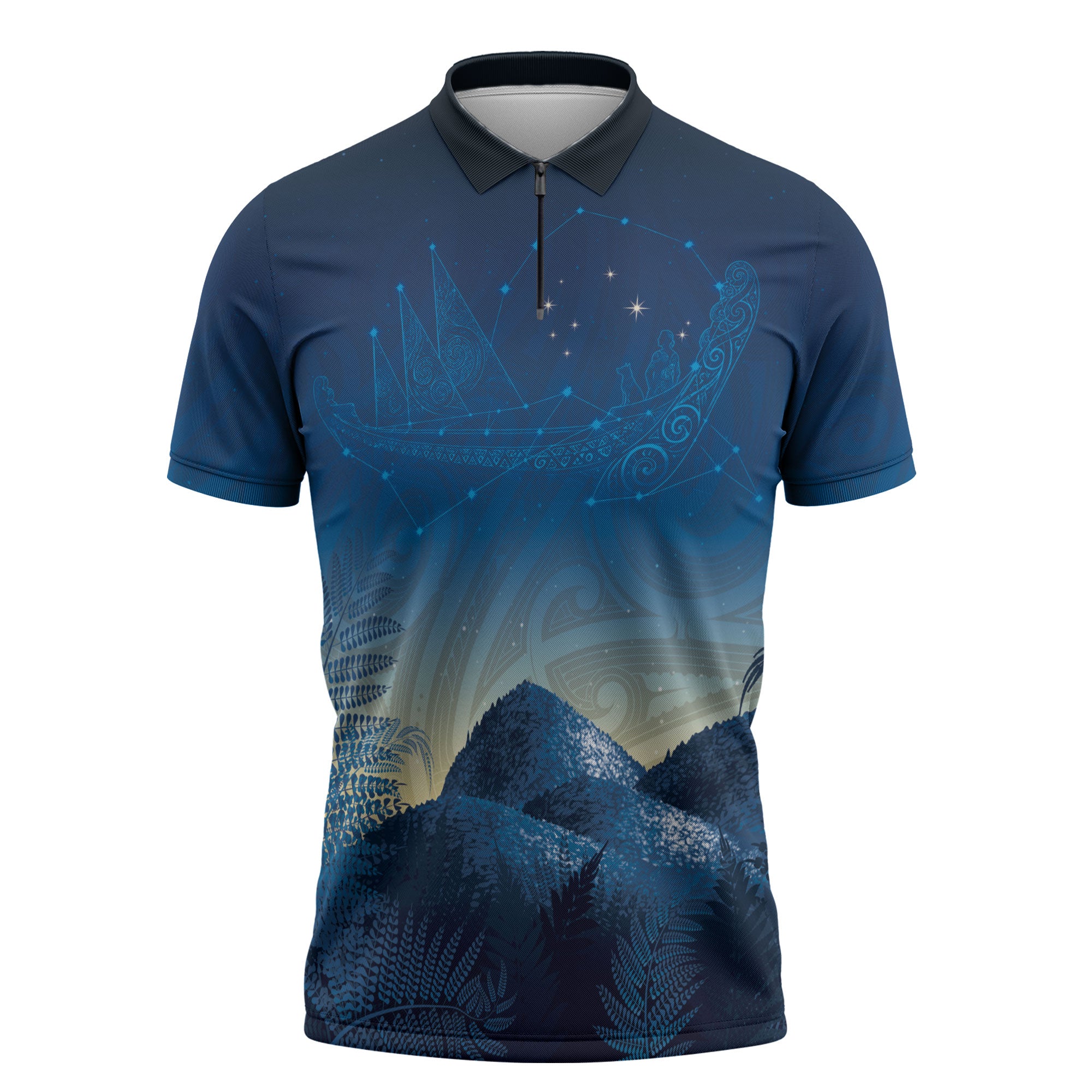 New Zealand Matariki Zipper Polo Shirt Maori Waka With Silver Fern