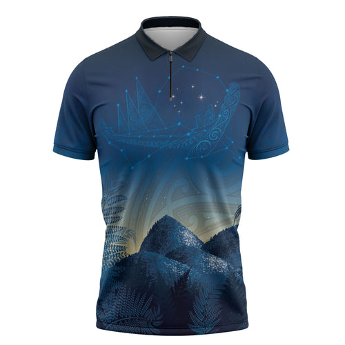 New Zealand Matariki Zipper Polo Shirt Maori Waka With Silver Fern