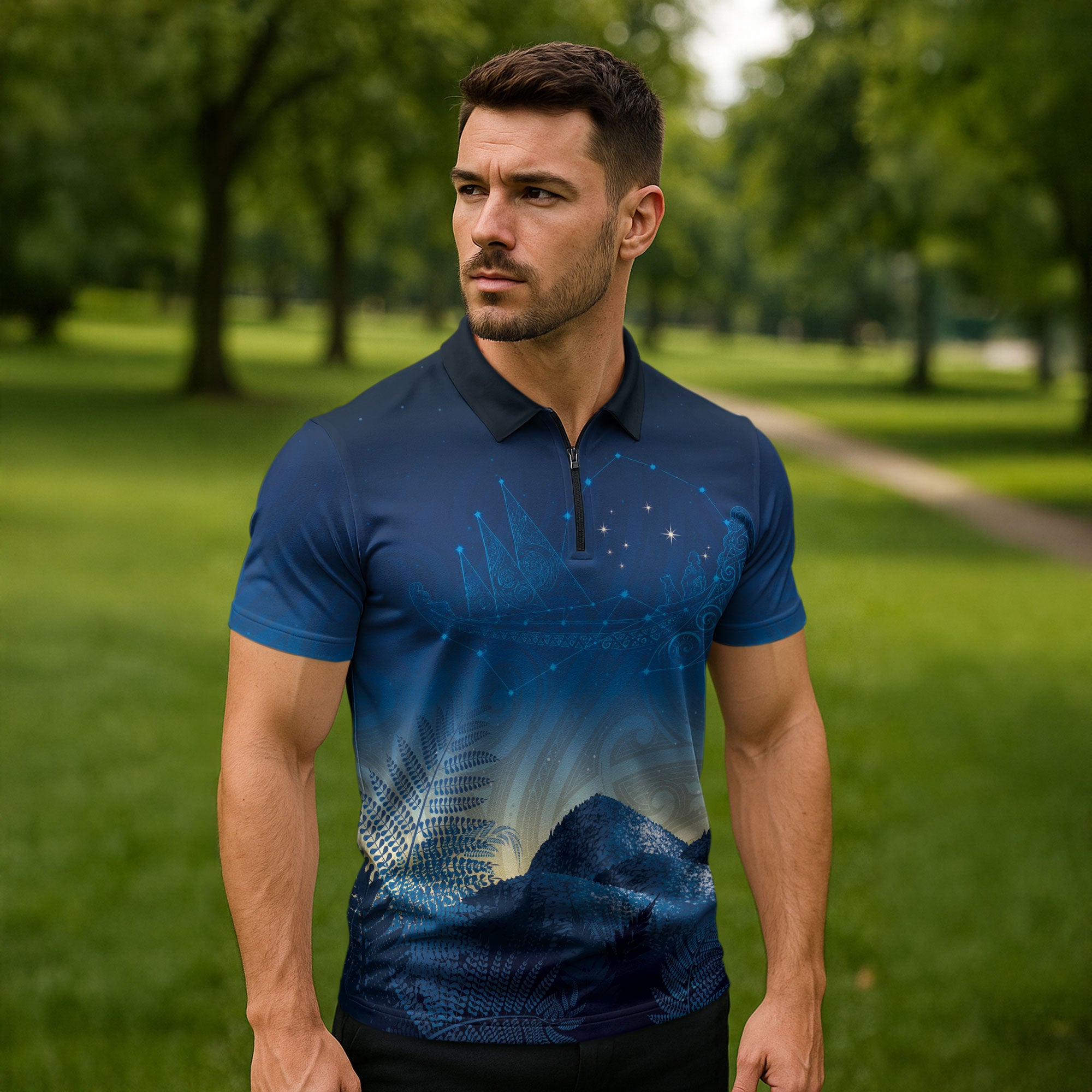 New Zealand Matariki Zipper Polo Shirt Maori Waka With Silver Fern
