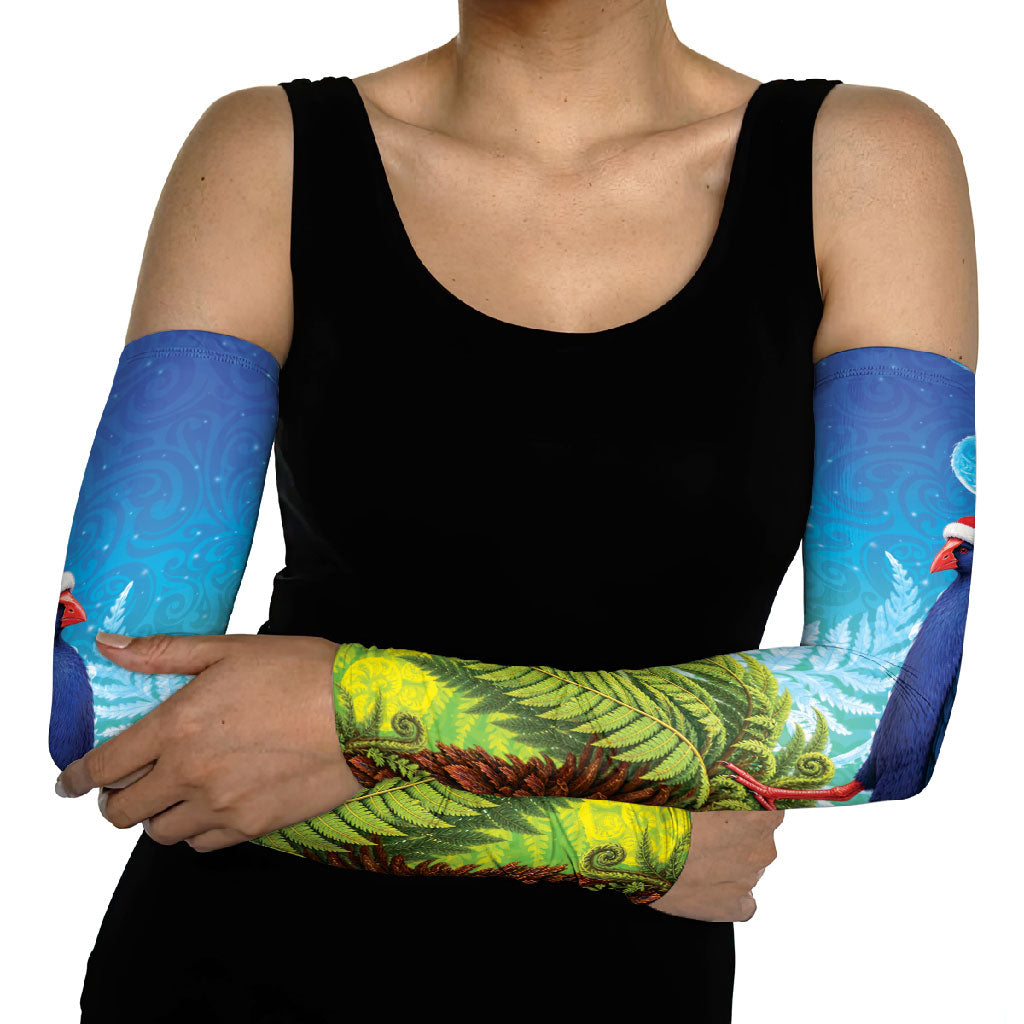 New Zealand Christmas Arm Sleeves Pukeko With Ponga Tree Silver Fern