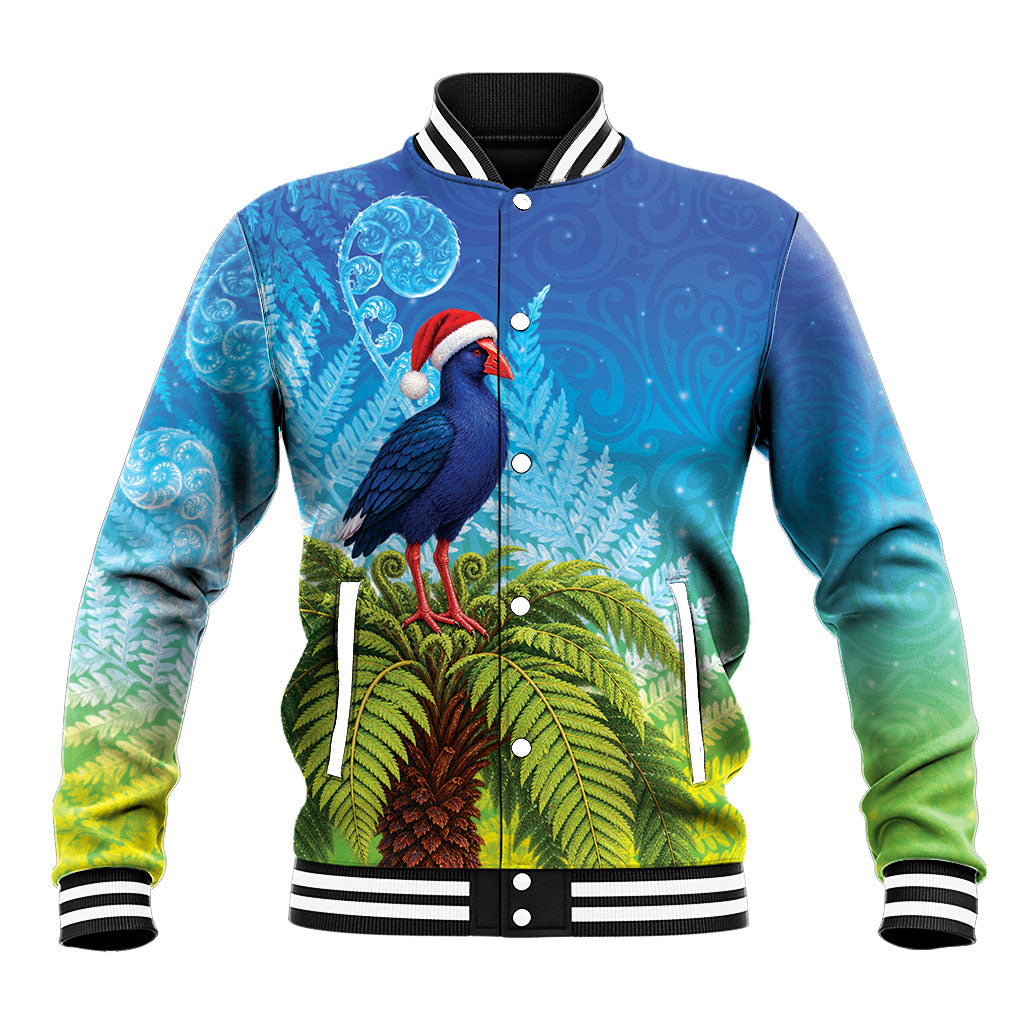 New Zealand Christmas Baseball Jacket Pukeko With Ponga Tree Silver Fern