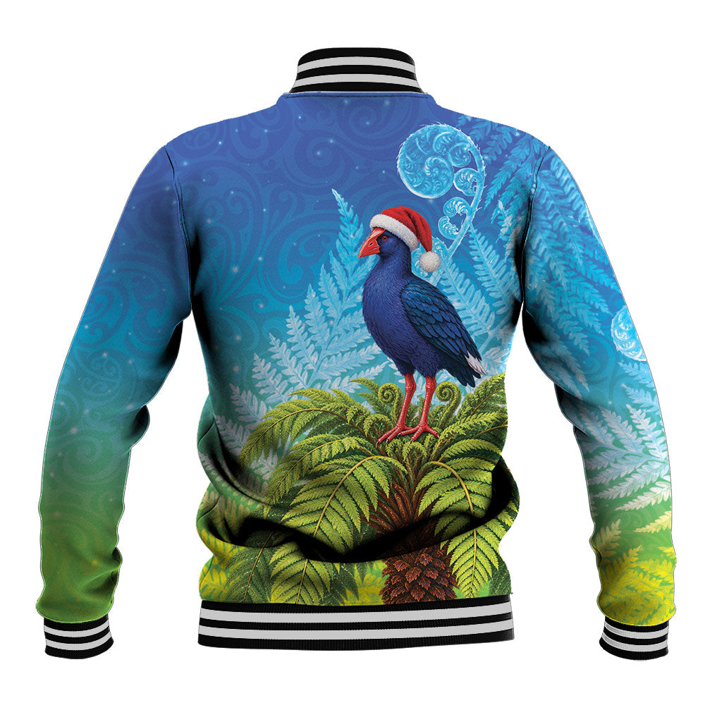 New Zealand Christmas Baseball Jacket Pukeko With Ponga Tree Silver Fern