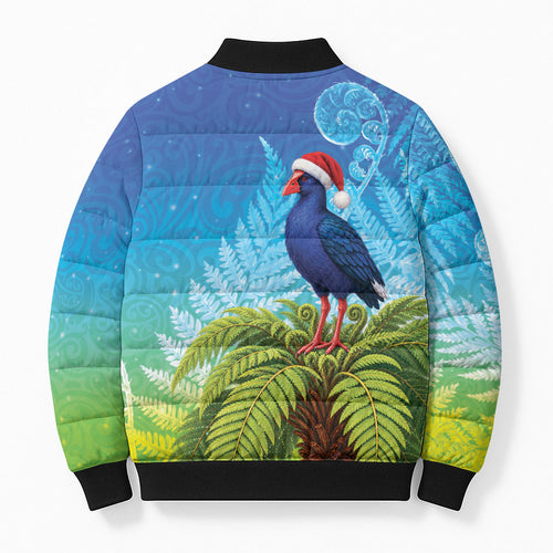 New Zealand Christmas Bomber Puffer Jacket Pukeko With Ponga Tree Silver Fern