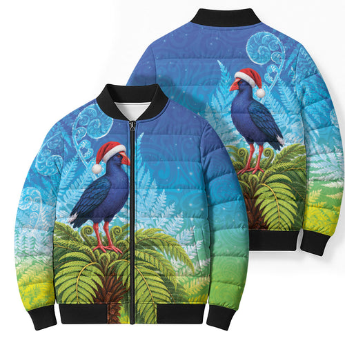New Zealand Christmas Bomber Puffer Jacket Pukeko With Ponga Tree Silver Fern