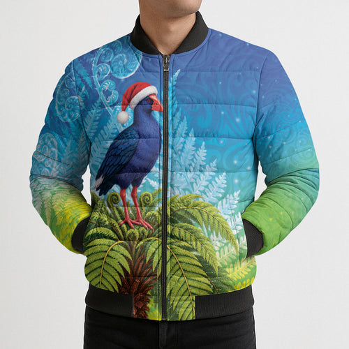 New Zealand Christmas Bomber Puffer Jacket Pukeko With Ponga Tree Silver Fern