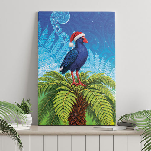 New Zealand Christmas Canvas Wall Art Pukeko With Ponga Tree Silver Fern