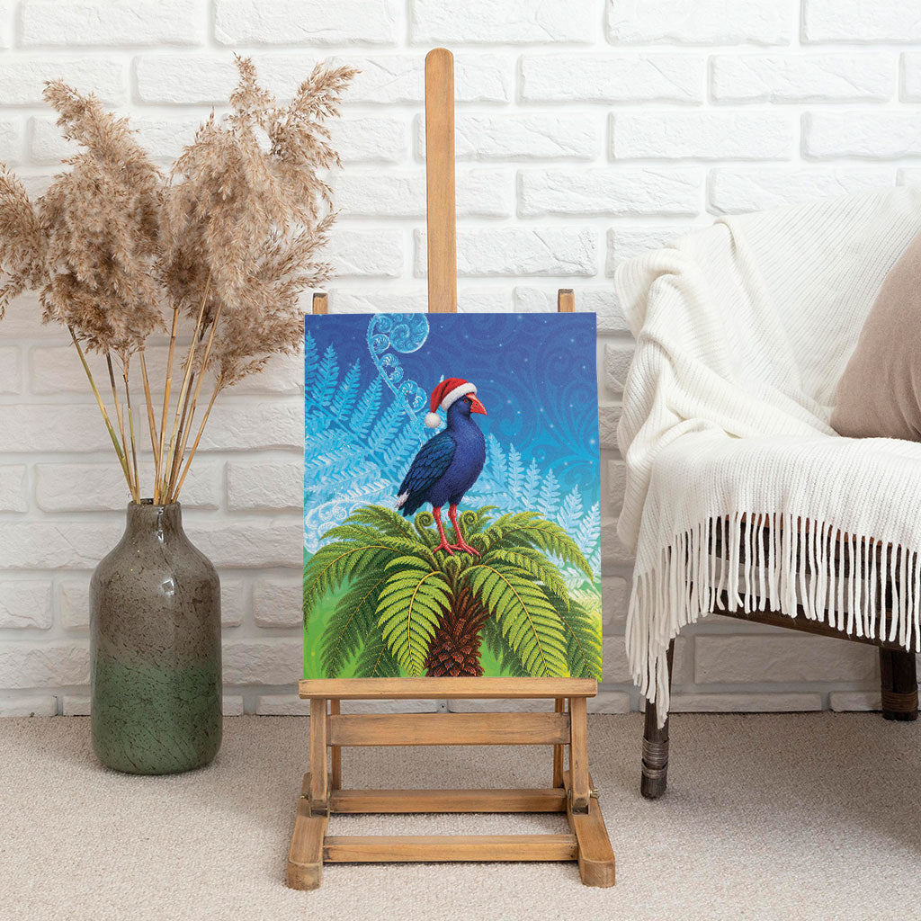 New Zealand Christmas Canvas Wall Art Pukeko With Ponga Tree Silver Fern