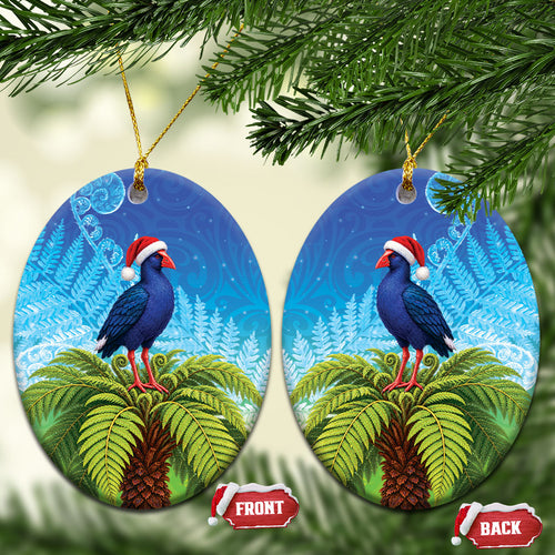 New Zealand Christmas Ceramic Ornament Pukeko With Ponga Tree Silver Fern