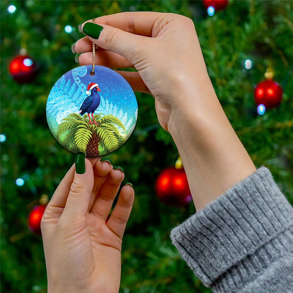 New Zealand Christmas Ceramic Ornament Pukeko With Ponga Tree Silver Fern