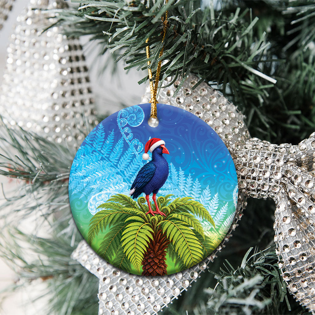 New Zealand Christmas Ceramic Ornament Pukeko With Ponga Tree Silver Fern