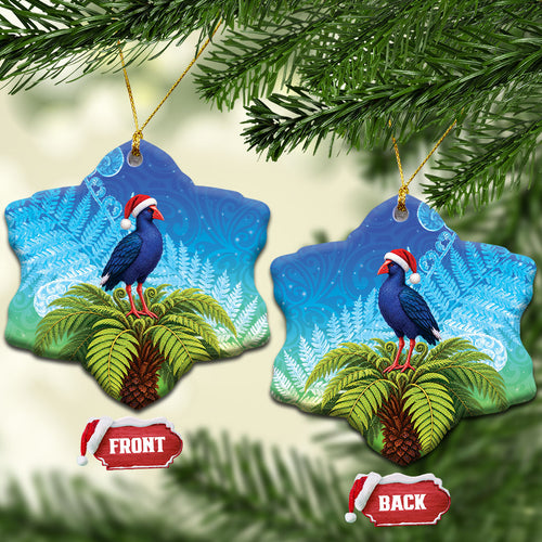 New Zealand Christmas Ceramic Ornament Pukeko With Ponga Tree Silver Fern