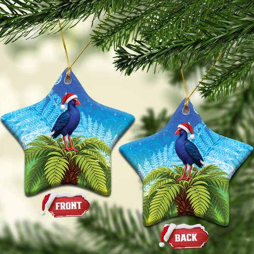 New Zealand Christmas Ceramic Ornament Pukeko With Ponga Tree Silver Fern