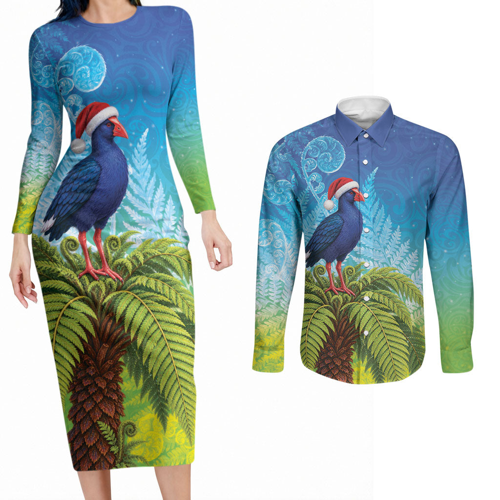 New Zealand Christmas Couples Matching Long Sleeve Bodycon Dress and Long Sleeve Button Shirt Pukeko With Ponga Tree Silver Fern