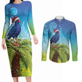New Zealand Christmas Couples Matching Long Sleeve Bodycon Dress and Long Sleeve Button Shirt Pukeko With Ponga Tree Silver Fern