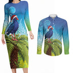 New Zealand Christmas Couples Matching Long Sleeve Bodycon Dress and Long Sleeve Button Shirt Pukeko With Ponga Tree Silver Fern