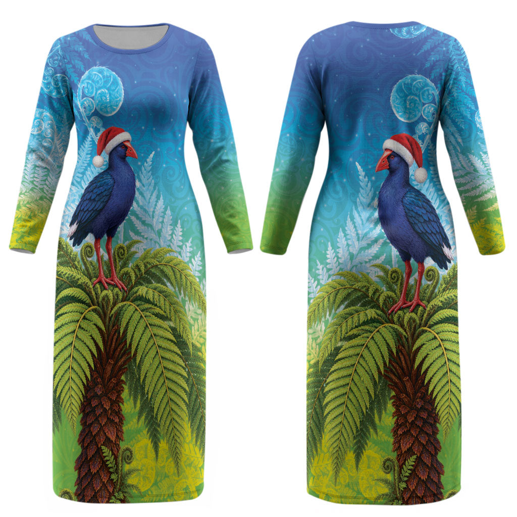 New Zealand Christmas Couples Matching Long Sleeve Bodycon Dress and Long Sleeve Button Shirt Pukeko With Ponga Tree Silver Fern