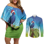 New Zealand Christmas Couples Matching Off Shoulder Short Dress and Long Sleeve Button Shirt Pukeko With Ponga Tree Silver Fern