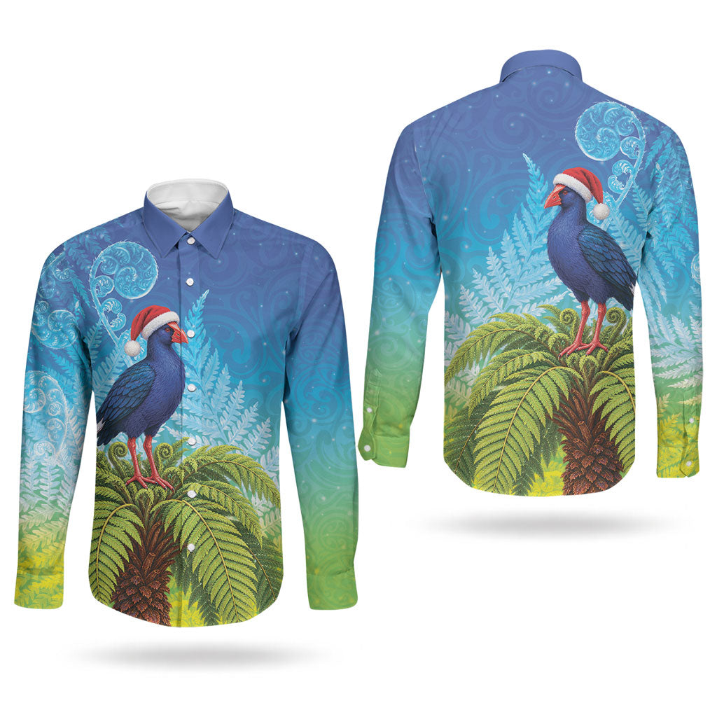 New Zealand Christmas Couples Matching Off Shoulder Short Dress and Long Sleeve Button Shirt Pukeko With Ponga Tree Silver Fern
