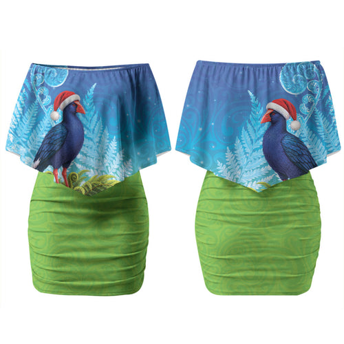 New Zealand Christmas Couples Matching Off Shoulder Short Dress and Long Sleeve Button Shirt Pukeko With Ponga Tree Silver Fern