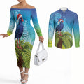 New Zealand Christmas Couples Matching Off The Shoulder Long Sleeve Dress and Long Sleeve Button Shirt Pukeko With Ponga Tree Silver Fern