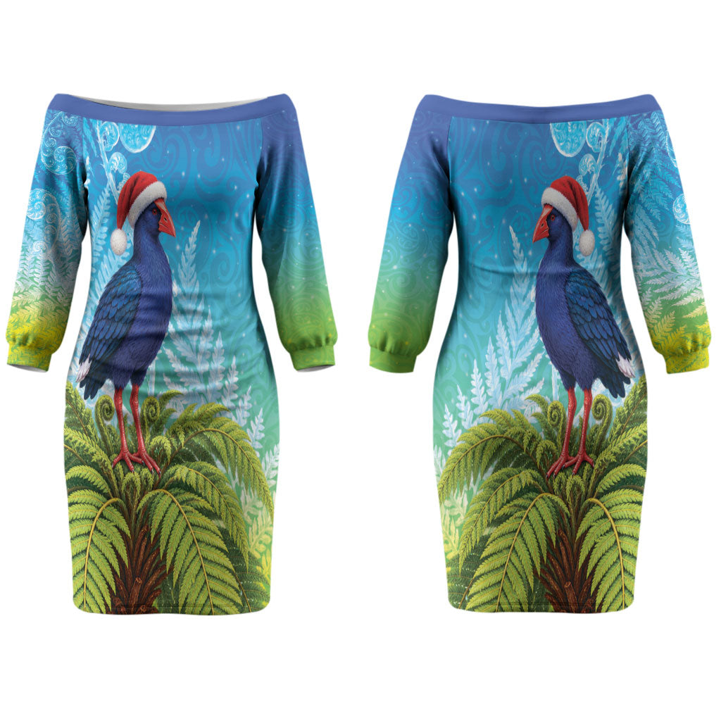 New Zealand Christmas Couples Matching Off The Shoulder Long Sleeve Dress and Long Sleeve Button Shirt Pukeko With Ponga Tree Silver Fern