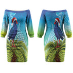 New Zealand Christmas Couples Matching Off The Shoulder Long Sleeve Dress and Long Sleeve Button Shirt Pukeko With Ponga Tree Silver Fern