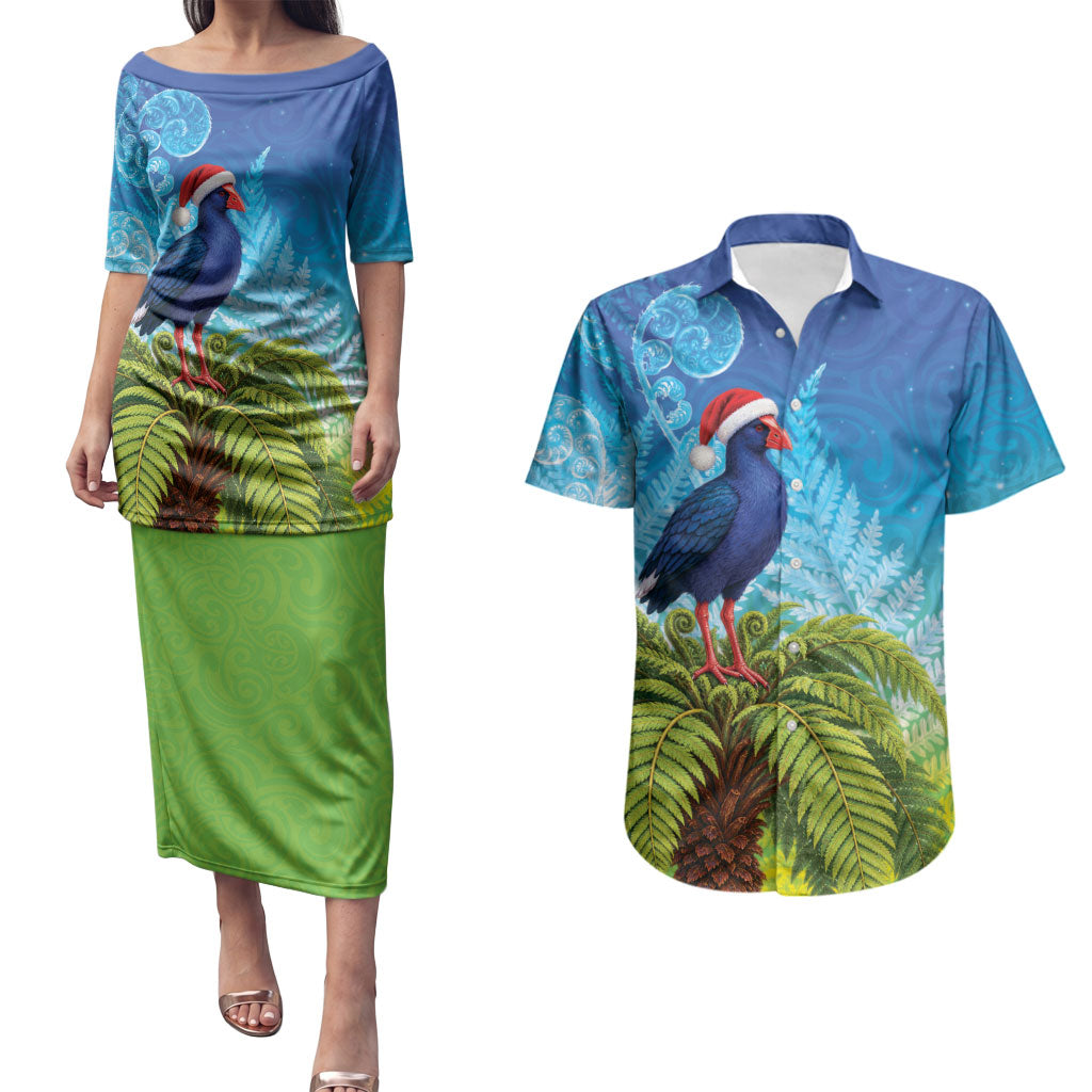 New Zealand Christmas Couples Matching Puletasi and Hawaiian Shirt Pukeko With Ponga Tree Silver Fern