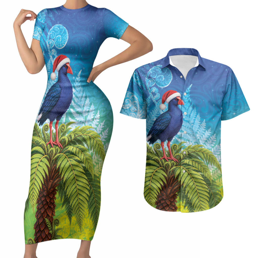 New Zealand Christmas Couples Matching Short Sleeve Bodycon Dress and Hawaiian Shirt Pukeko With Ponga Tree Silver Fern