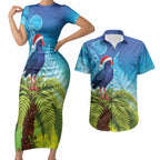 New Zealand Christmas Couples Matching Short Sleeve Bodycon Dress and Hawaiian Shirt Pukeko With Ponga Tree Silver Fern