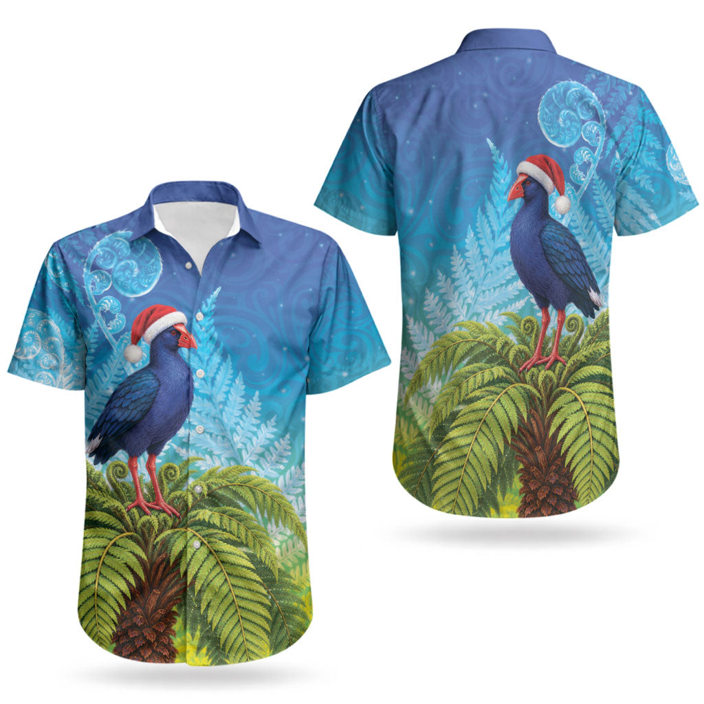 New Zealand Christmas Couples Matching Short Sleeve Bodycon Dress and Hawaiian Shirt Pukeko With Ponga Tree Silver Fern