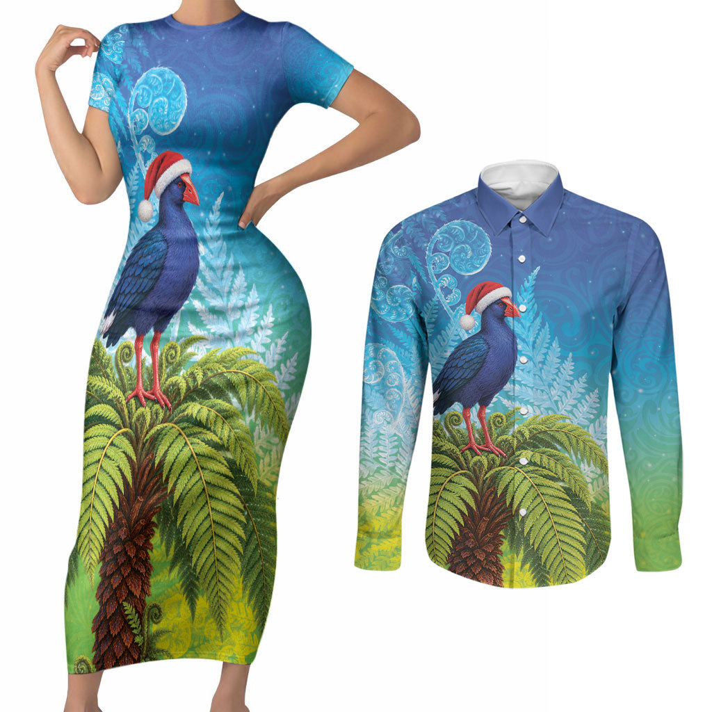 New Zealand Christmas Couples Matching Short Sleeve Bodycon Dress and Long Sleeve Button Shirt Pukeko With Ponga Tree Silver Fern