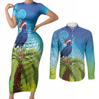 New Zealand Christmas Couples Matching Short Sleeve Bodycon Dress and Long Sleeve Button Shirt Pukeko With Ponga Tree Silver Fern