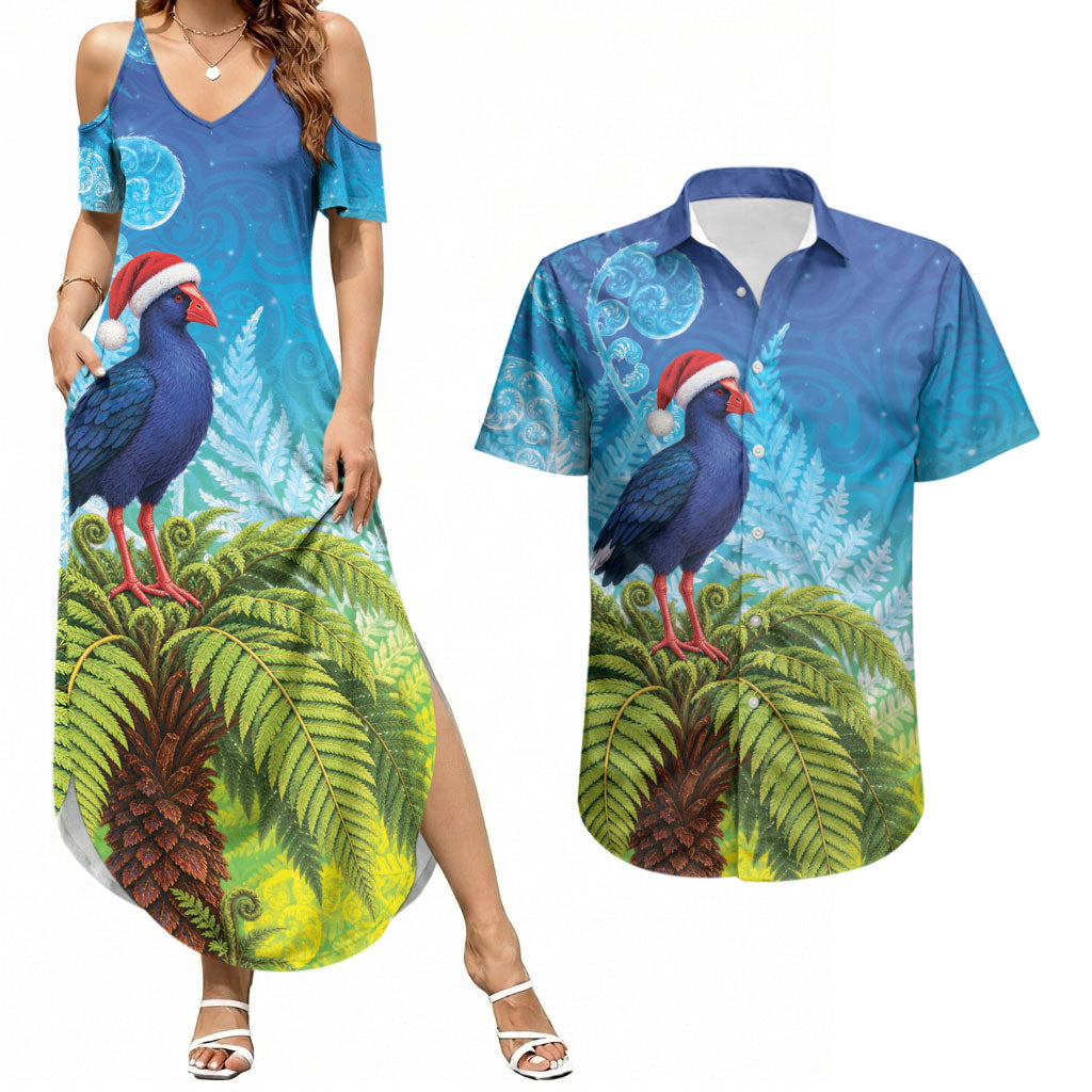 New Zealand Christmas Couples Matching Summer Maxi Dress and Hawaiian Shirt Pukeko With Ponga Tree Silver Fern