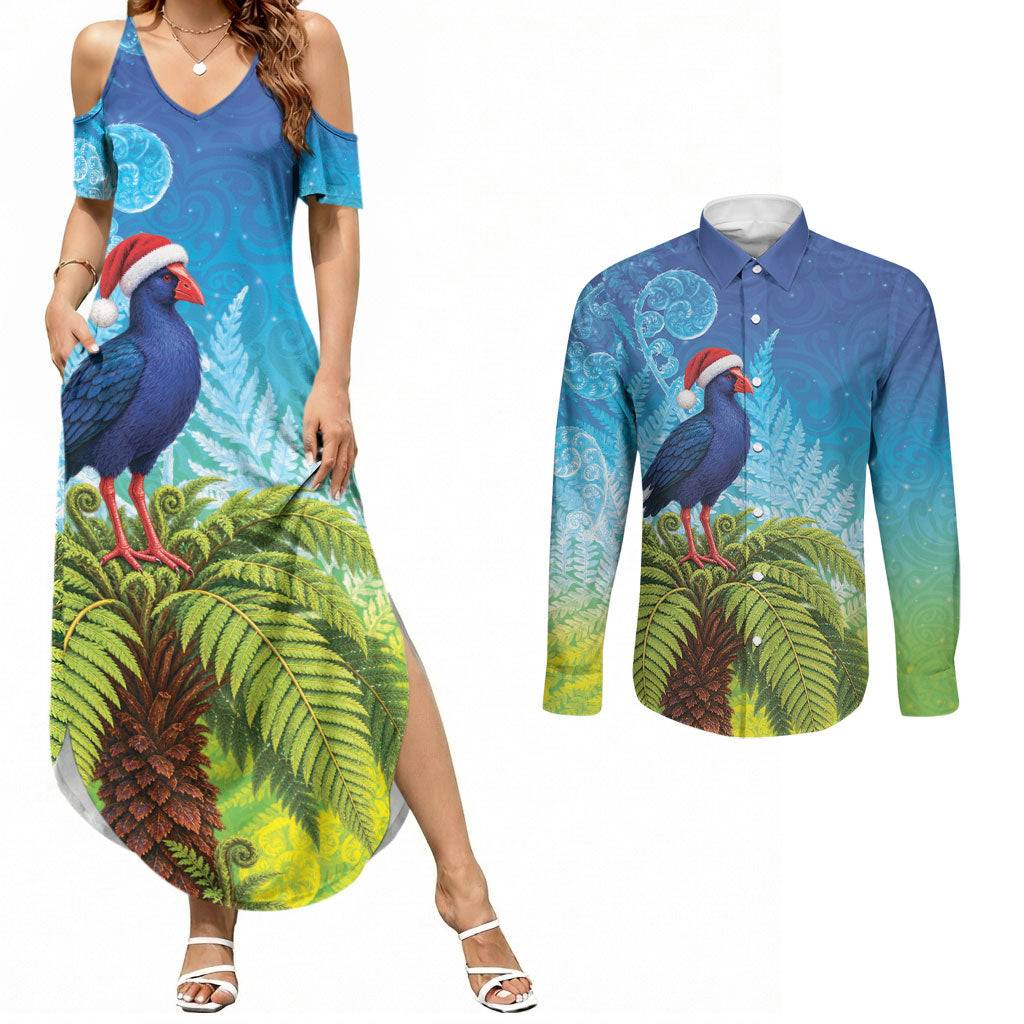 New Zealand Christmas Couples Matching Summer Maxi Dress and Long Sleeve Button Shirt Pukeko With Ponga Tree Silver Fern