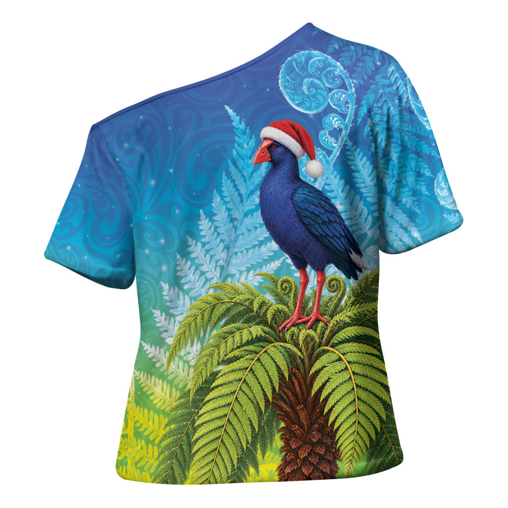 New Zealand Christmas Cross Shoulder Shirt Pukeko With Ponga Tree Silver Fern