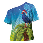 New Zealand Christmas Cross Shoulder Shirt Pukeko With Ponga Tree Silver Fern