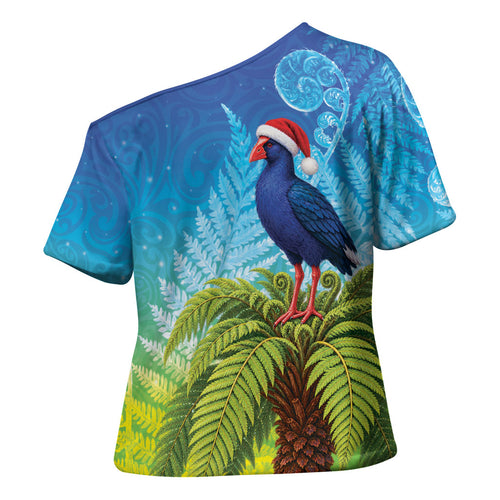 New Zealand Christmas Cross Shoulder Shirt Pukeko With Ponga Tree Silver Fern