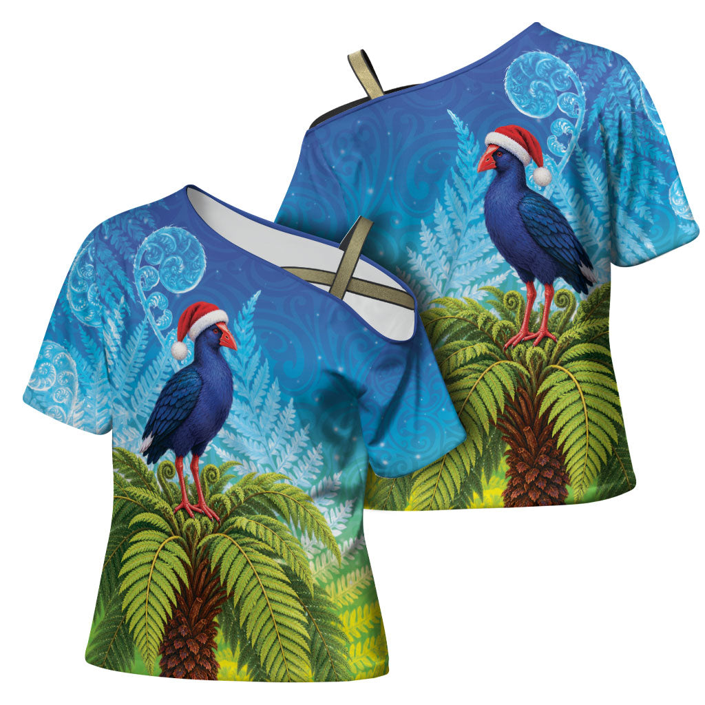 New Zealand Christmas Cross Shoulder Shirt Pukeko With Ponga Tree Silver Fern
