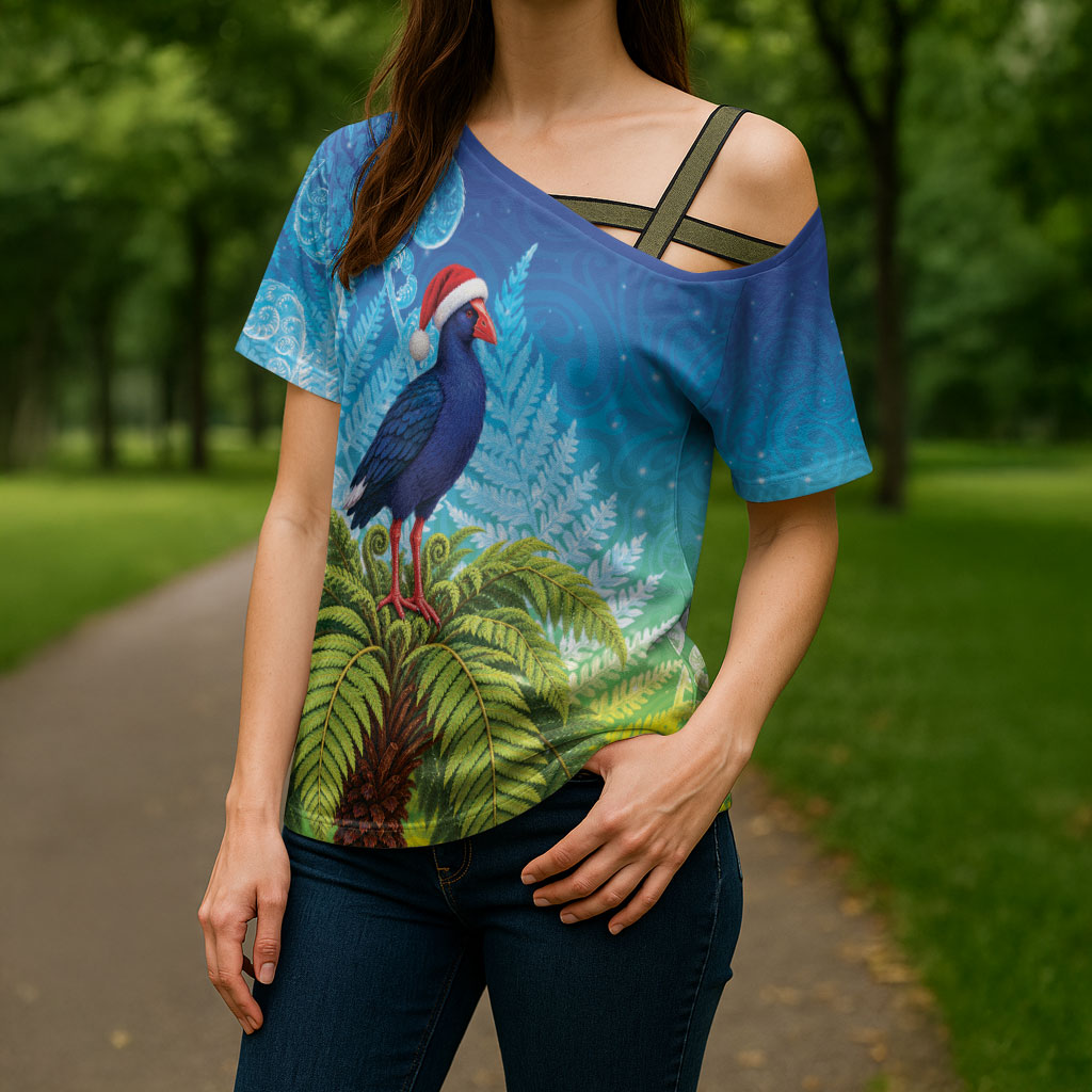 New Zealand Christmas Cross Shoulder Shirt Pukeko With Ponga Tree Silver Fern