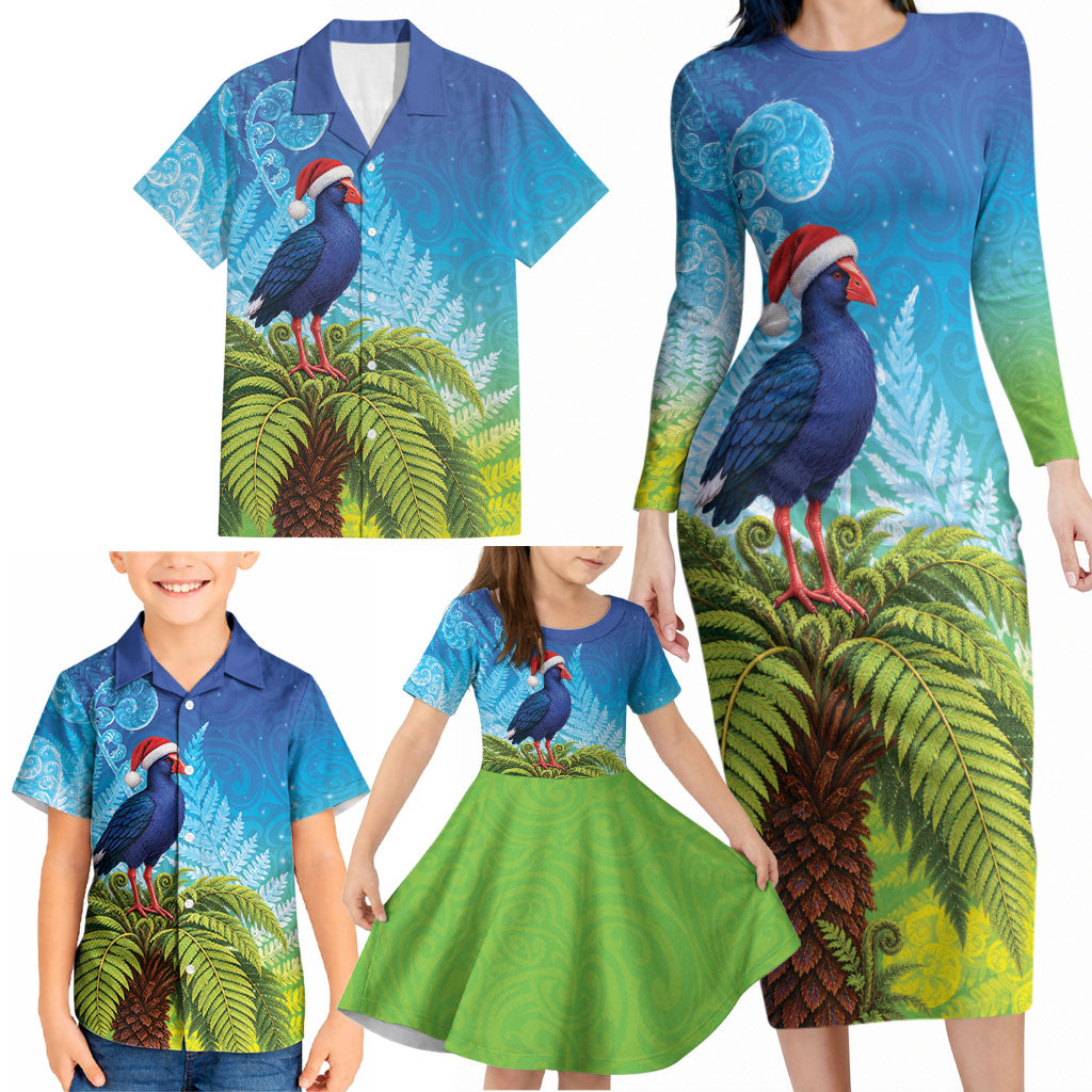 New Zealand Christmas Family Matching Long Sleeve Bodycon Dress and Hawaiian Shirt Pukeko With Ponga Tree Silver Fern