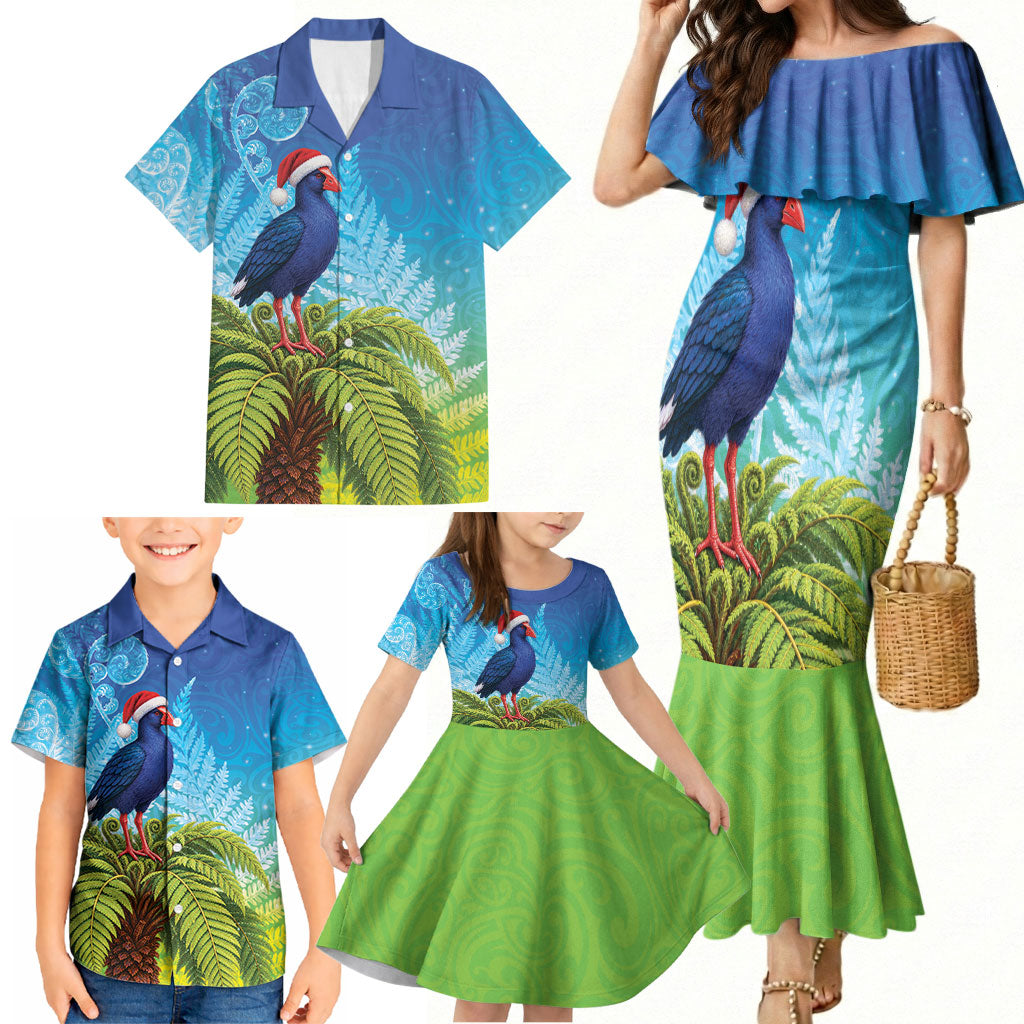 New Zealand Christmas Family Matching Mermaid Dress and Hawaiian Shirt Pukeko With Ponga Tree Silver Fern