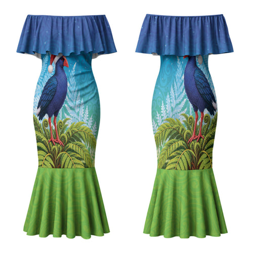 New Zealand Christmas Family Matching Mermaid Dress and Hawaiian Shirt Pukeko With Ponga Tree Silver Fern