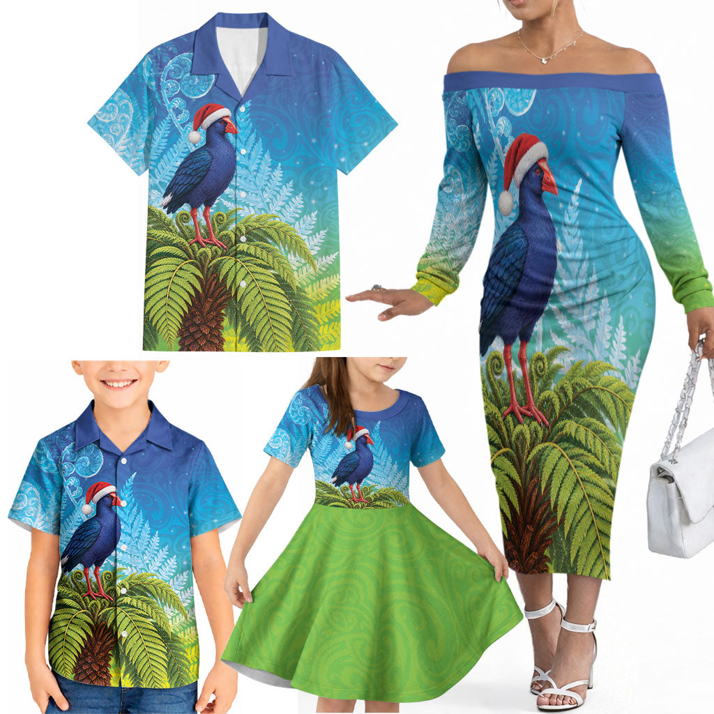 New Zealand Christmas Family Matching Off The Shoulder Long Sleeve Dress and Hawaiian Shirt Pukeko With Ponga Tree Silver Fern